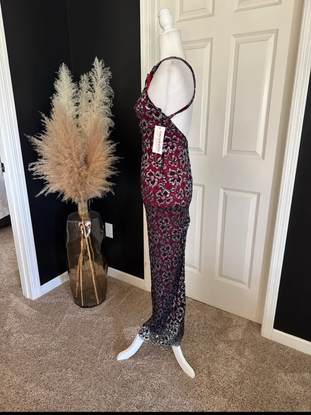 NWT Vintage Carabella RED/BLACK Silver Shimmer Floral Evening Gown size SMALL - Picture 4 of 12